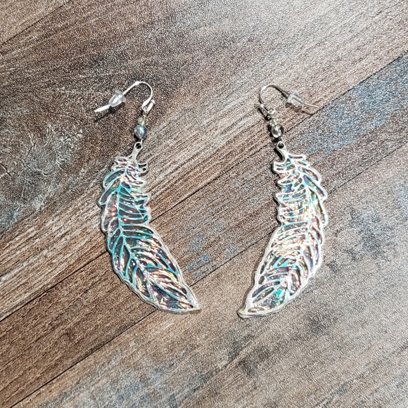 Handmade Iridescent Cellophane Wrap Feather Earrings - Picture 4 of 5